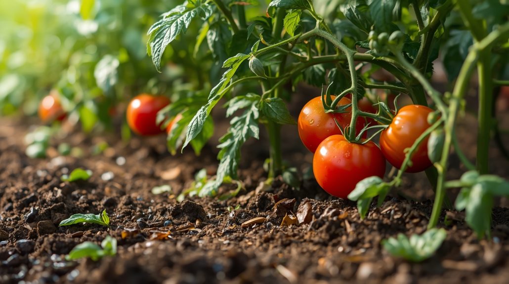 Tomatoes growing on plants in soil