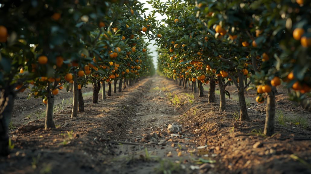 Citrus orchard trees with ripe oranges