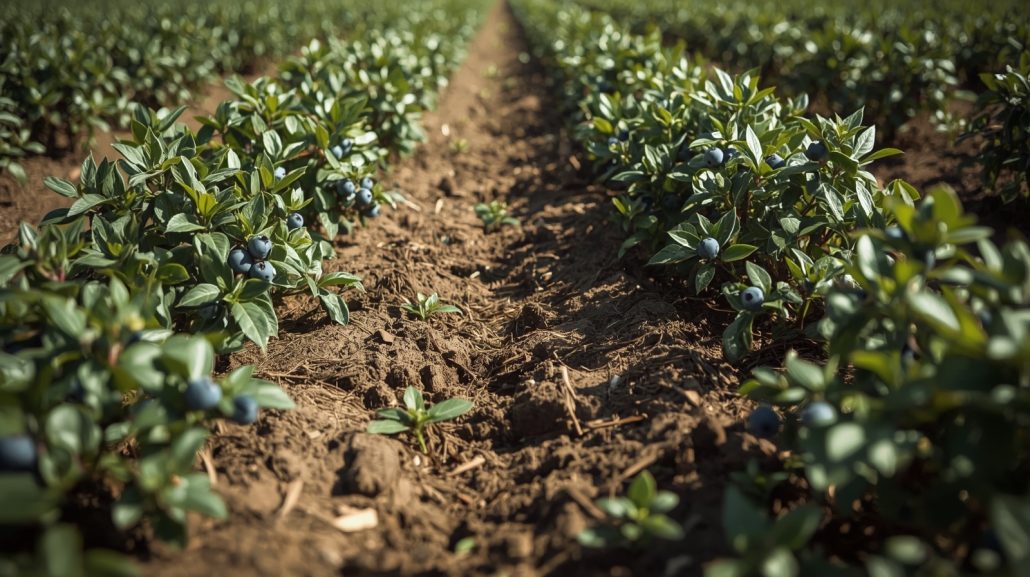 Hileras de cultivo de arándanos saludables