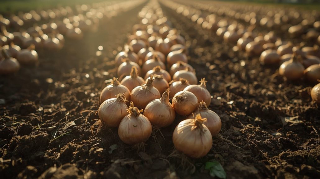 Cebollas creciendo en hileras de un campo soleado