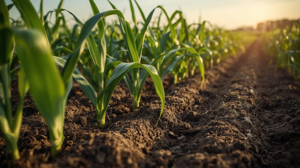 Amanecer en un campo de maíz