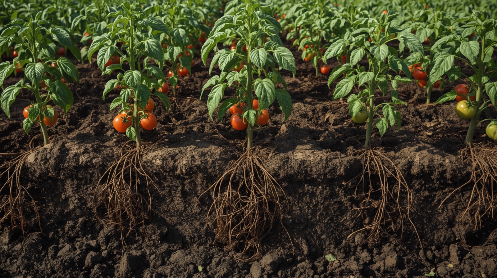 Plantas de tomate con raíces sanas