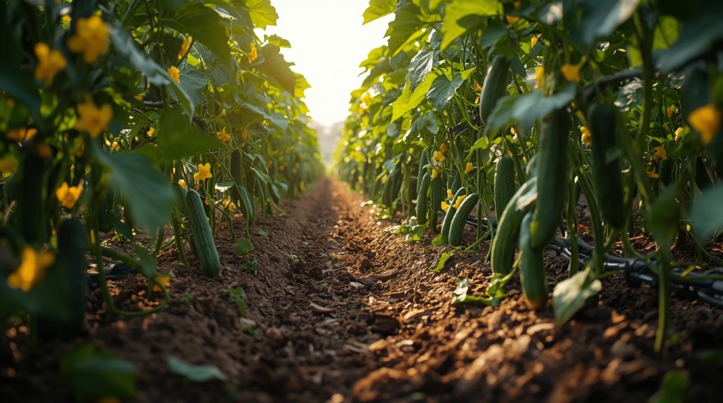 Plantas de pepino en el campo