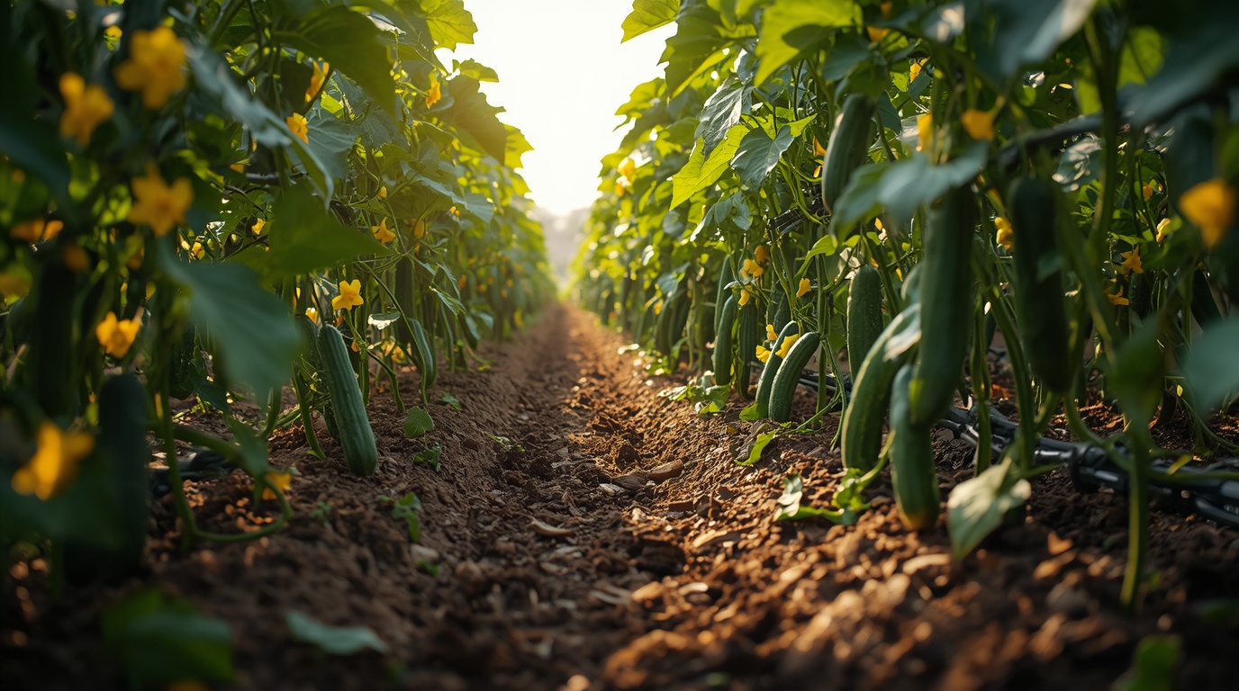 Plantas de pepino en el campo